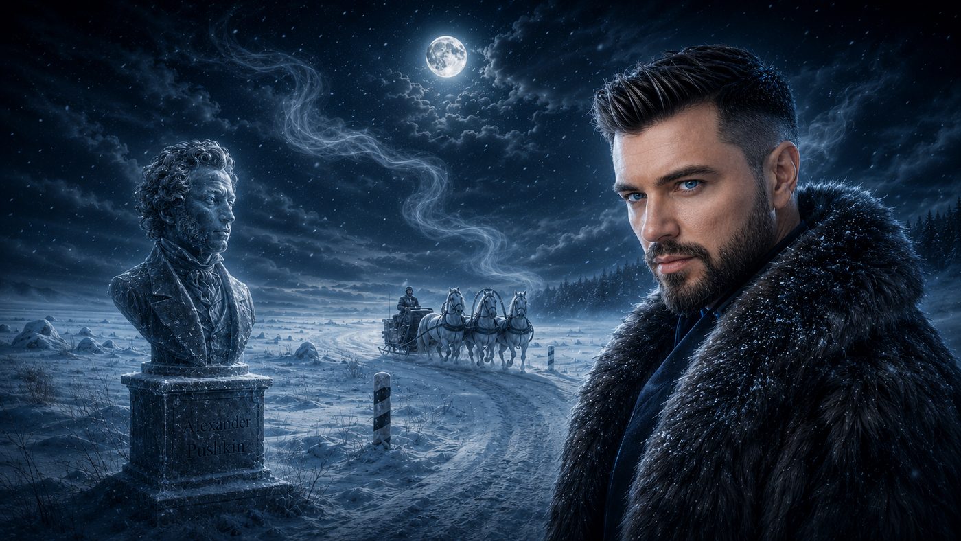 Buran Aisburg artwork — a man in a fur coat on a moonlit winter road, with a troika and a snow-covered statue