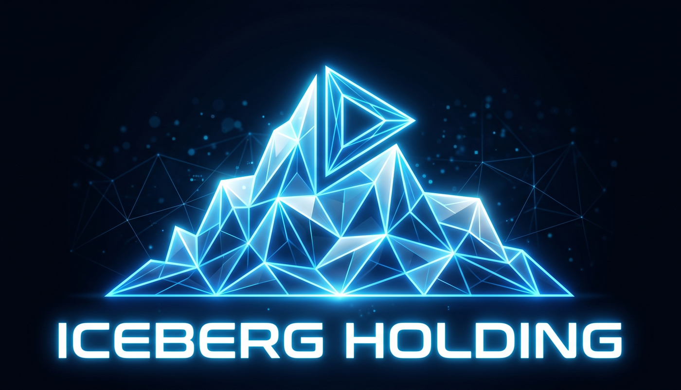 Iceberg Holding logo — a glowing blue iceberg made of triangles with a play symbol at its peak
